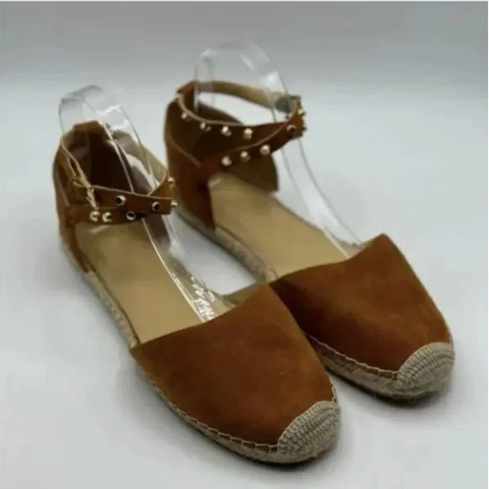 Marc Fisher Maci Stud Ballerina Espadrilles Ankle Strap Flats Brown Suede 9.5